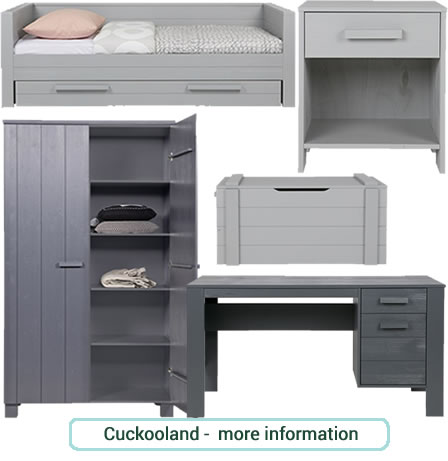 Boys, grey bedroom furniture set - wardrobe, bedside table, storage and desk from the Dennis range at Cuckooland.