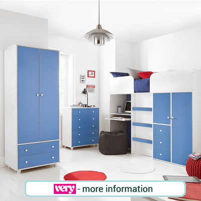 Blue and white wardrobe, large chest and high sleeper bed.