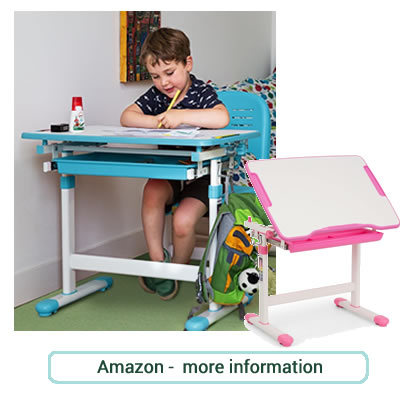 Child's small versatile desk with matching chair in blue or pink with white.