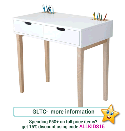 White, compact desk with pen holders and two large, underneath drawers.
