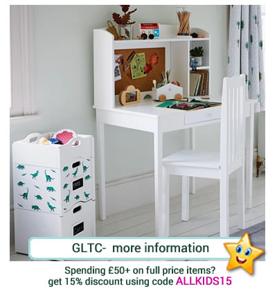 from GLTC, white Whittington Desk with hutch - corkboard, 3 shelves and one drawer.