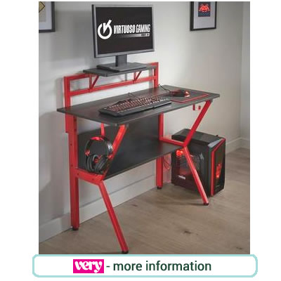Red and black gaming desk, with monitor shelf, and hooks for controllers and head phones.