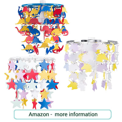 A choice of 3,  kids chandelier type ceiling lights. Multicolured dinosaurs, stars or pastel coloured unicorns.
