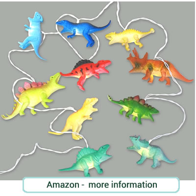 Dinosaur string lights. Figures of 10 different dinosaures in bright colours. Battery powered.