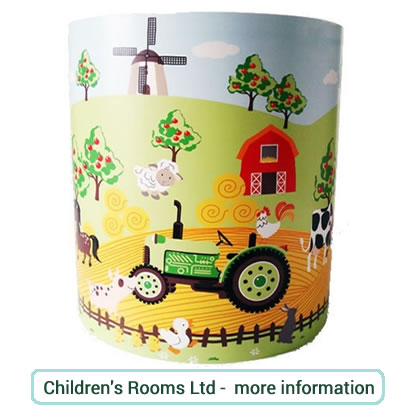 Kids farm themed ceiling shade with tractor, windmill, farmhouse and farm animals. 