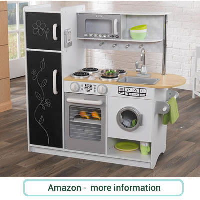 Wooden playkitchen, with chalkboard doors to fridge/freezer unit, oven, washing machine, sink, microwave and hob. Grey and white.