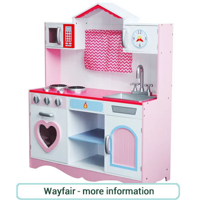 Pretty pink and pale blue, wooden play kitchen with heart shaped doors.