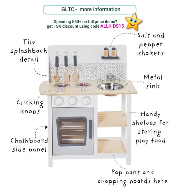 Small and compact toy kitchen in grey and white. Includes pepper and salt pots and utensils.